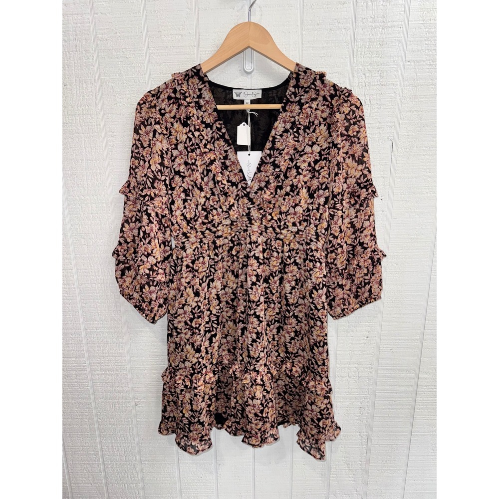 Jessica Simpson Floral Mini Dress Women Black Pink Smocked Ruffle XS NEW